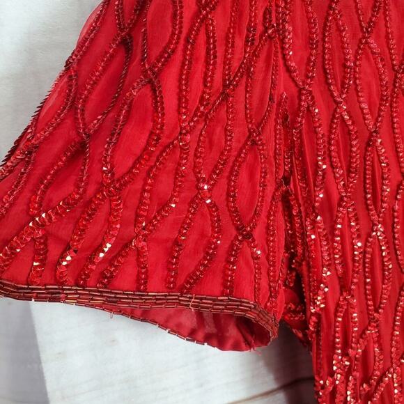 Vintage Laurence Kazar Dress Women Large Red Sequin 80s Beaded Silk Evening Glam - Picture 5 of 13
